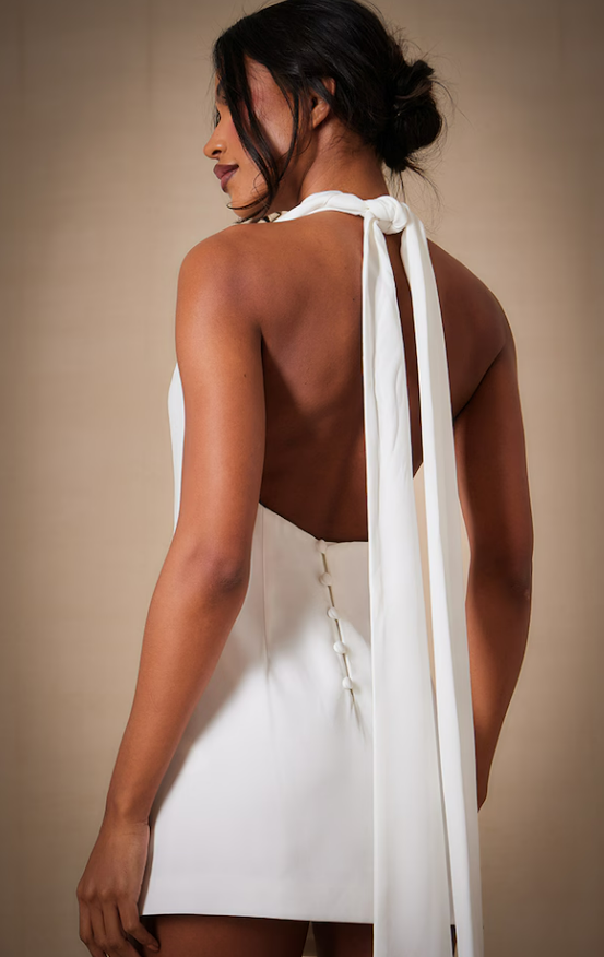 Ilukpa Premium White Woven Tie Halter Neck Dress